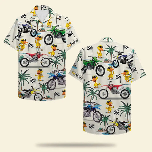 Island Summer Motocross Duck Aloha Dirt Bike Fancy Hawaiian Shirt For Summer Vacation, Beach Travel, And Casual Wear