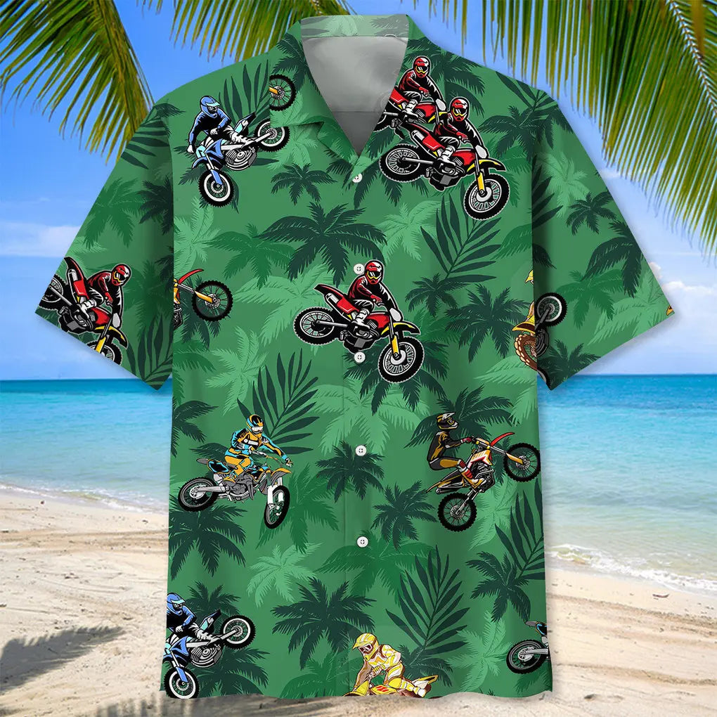 Tropical Motocross Green Hawaiian Shirt For Beach Days, Summer Outings, And Thoughtful Gift Giving