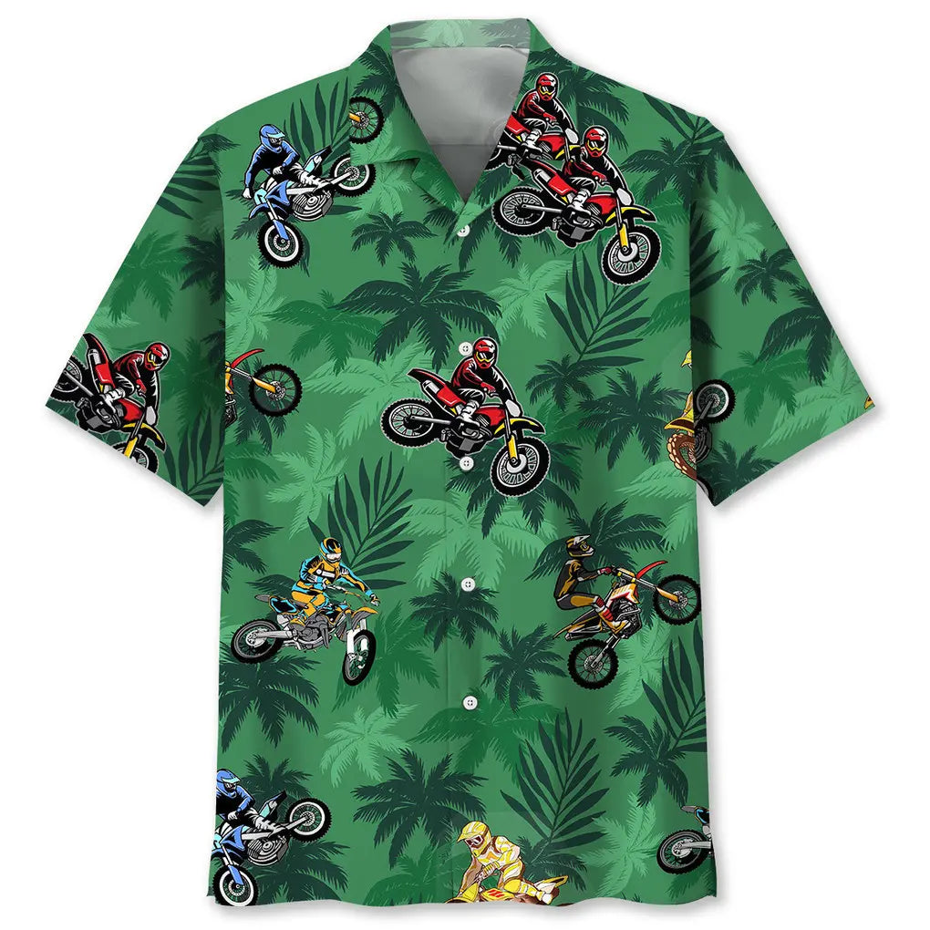 Tropical Motocross Green Hawaiian Shirt For Beach Days, Summer Outings, And Thoughtful Gift Giving