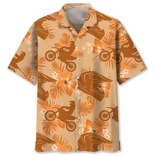 Tropical Motocross Orange Hawaiian Shirt For Coastal Travel, Casual Events, And Comfortable Summer Wear
