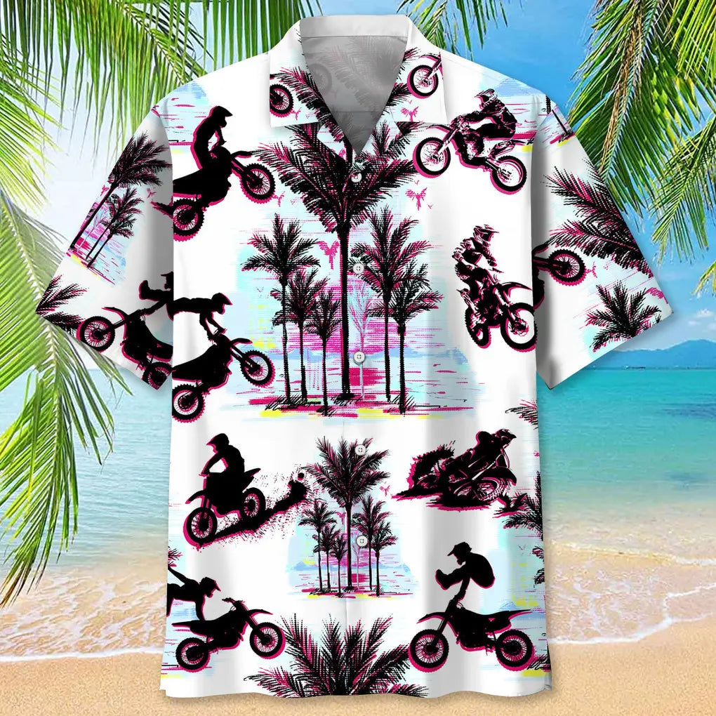 Motocross Palm Trees Hawaiian Shirt For Summer Vacation, Beach Travel, And Casual Wear