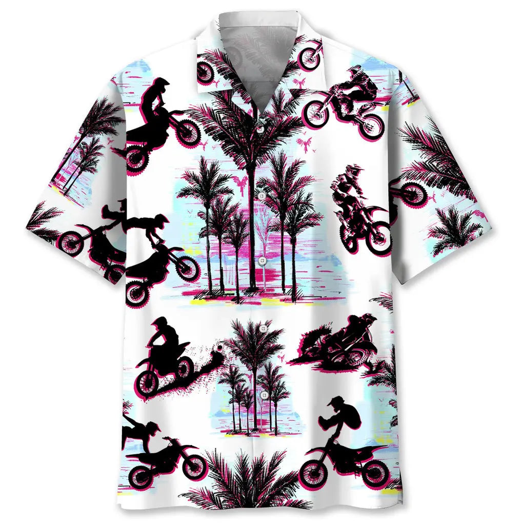 Motocross Palm Trees Hawaiian Shirt For Summer Vacation, Beach Travel, And Casual Wear