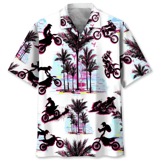 Motocross Palm Trees Hawaiian Shirt For Summer Vacation, Beach Travel, And Casual Wear