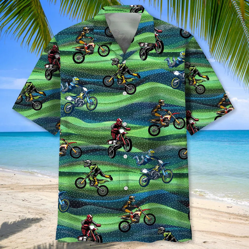 Motocross Seamless Pattern Hawaiian Shirt For Road Trip Adventures, Resort Days, And Comfortable Everyday Wear