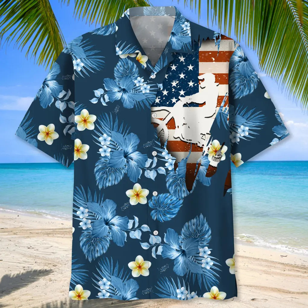American Tropical Motocross Blue Hawaiian Shirt For Heritage Inspired Events, Beach Travel, And Thoughtful Gifting