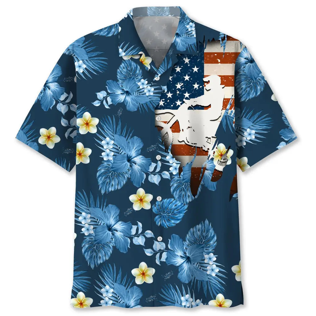 American Tropical Motocross Blue Hawaiian Shirt For Heritage Inspired Events, Beach Travel, And Thoughtful Gifting