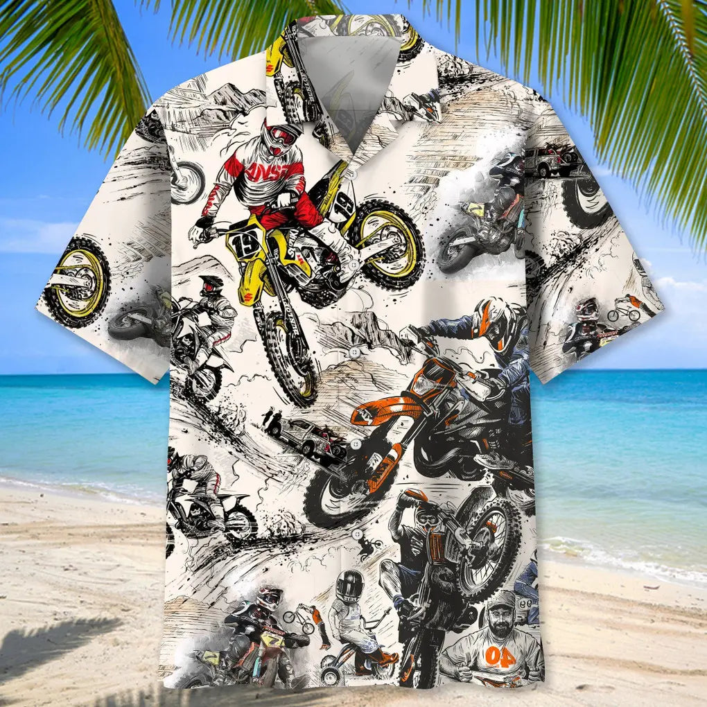 Vintage Motocross Hawaiian Shirt For Racing Fans, Summer Outings, And Relaxed Vacation Wear