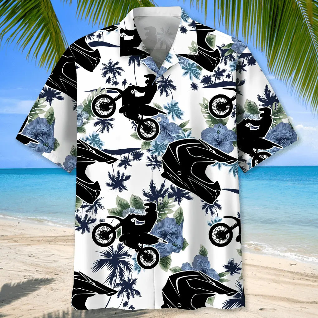 Motocross White Nature Hawaiian Shirt For Coastal Travel, Casual Events, And Comfortable Summer Wear