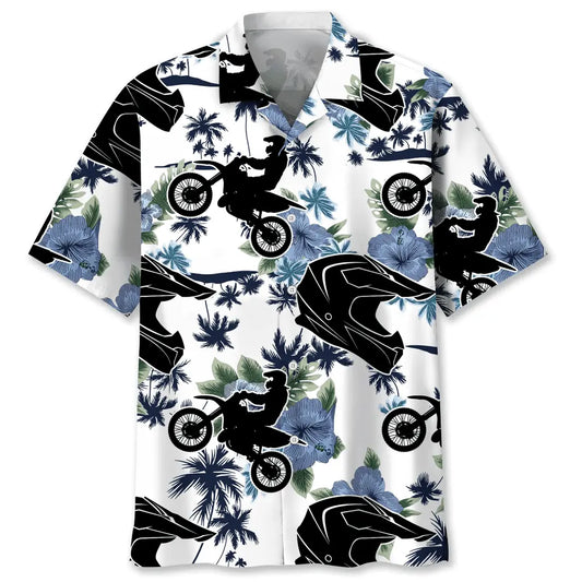 Motocross White Nature Hawaiian Shirt For Coastal Travel, Casual Events, And Comfortable Summer Wear