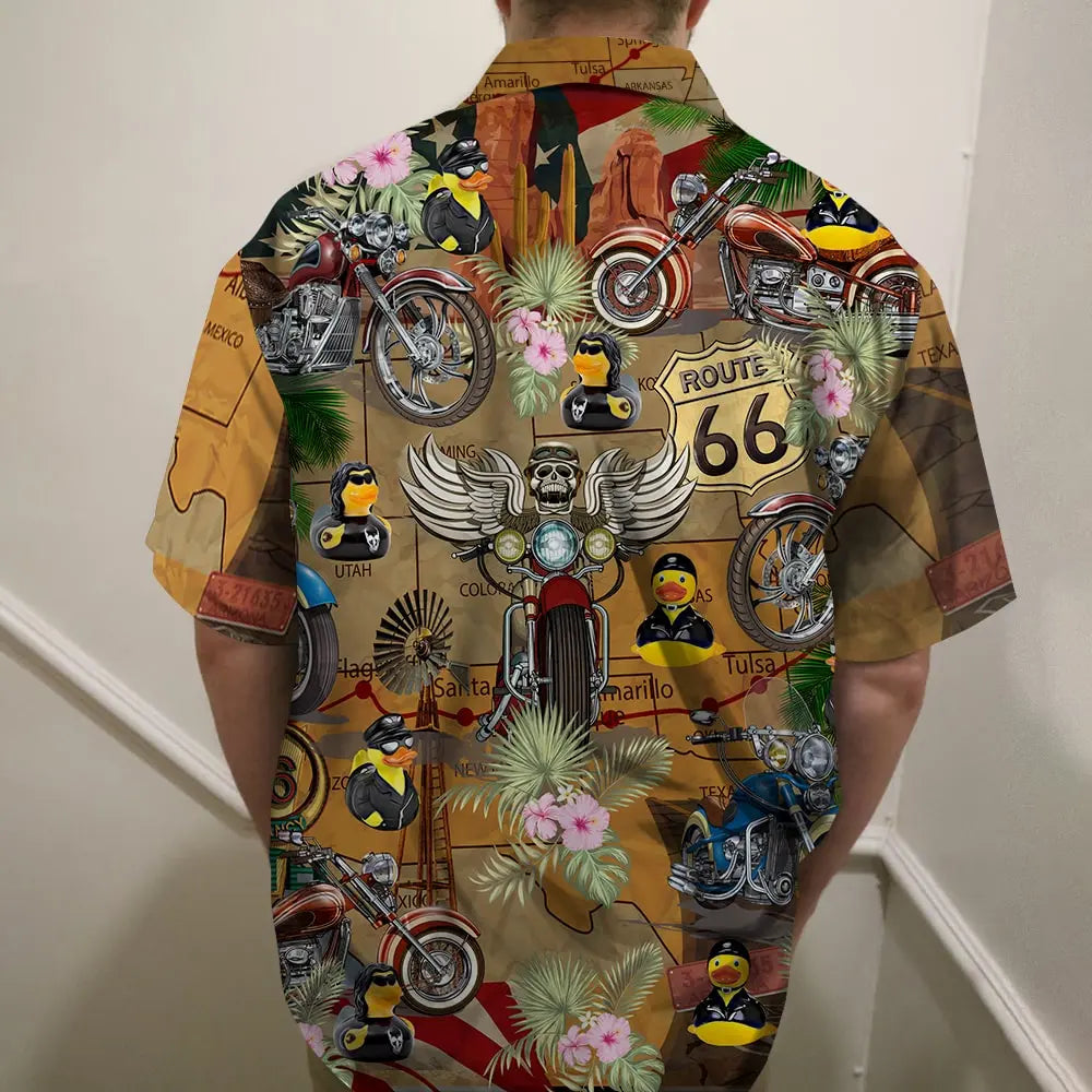 Island Motorcycle Rubber Duckie Aloha Hawaiian Shirt For Coastal Travel, Casual Events, And Comfortable Summer Wear