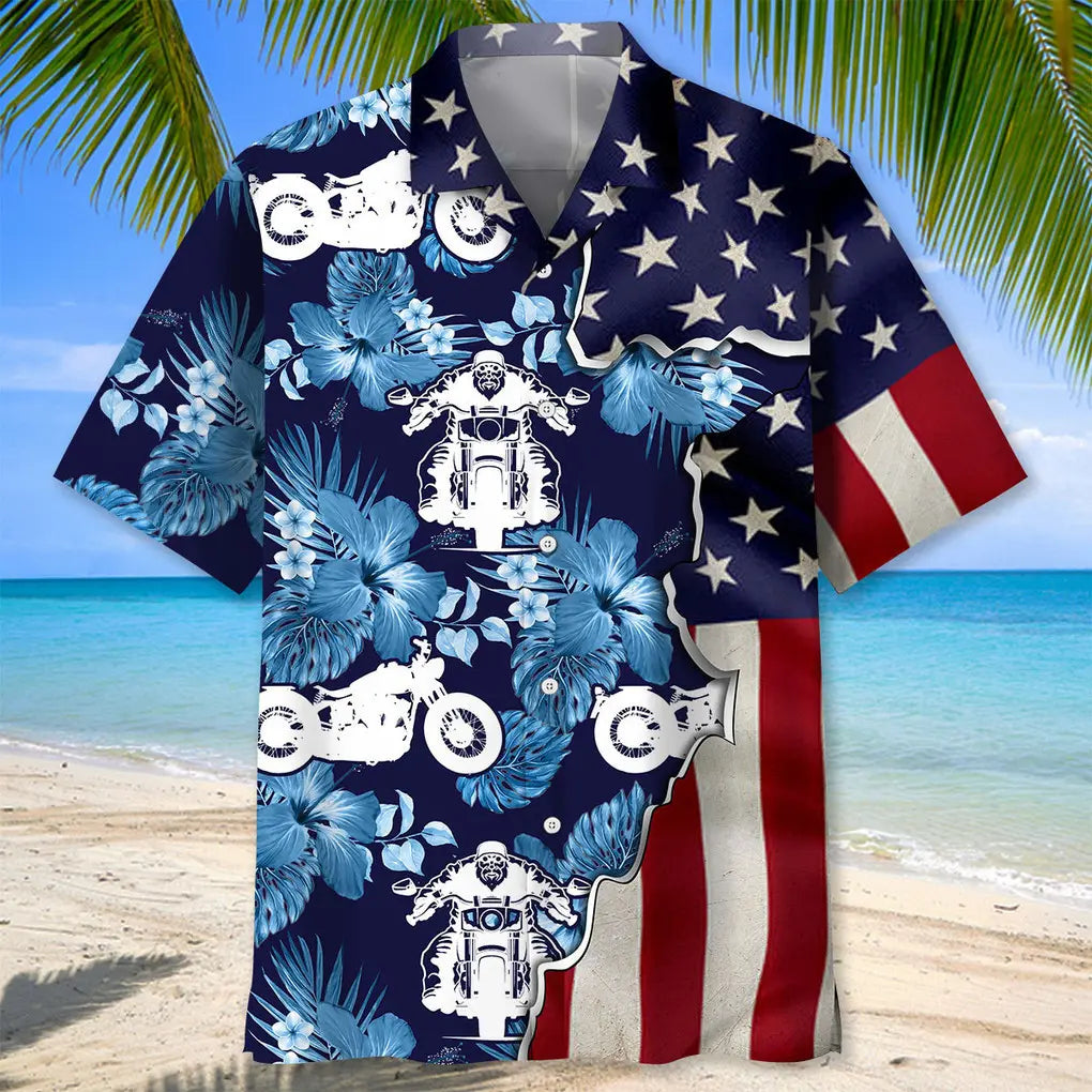 Tropical Motorcycle Flag Hawaiian Shirt For Tropical Holidays, Outdoor Gatherings, And Everyday Comfort