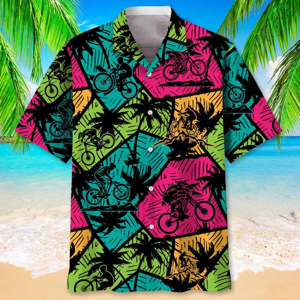 Colorful Mountain Bike Beach Hawaiian Shirt For Island Vacations, Resort Wear, And Relaxed Seasonal Style