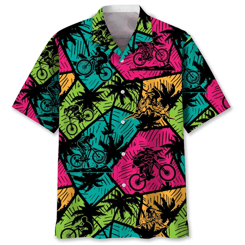 Colorful Mountain Bike Beach Hawaiian Shirt For Island Vacations, Resort Wear, And Relaxed Seasonal Style