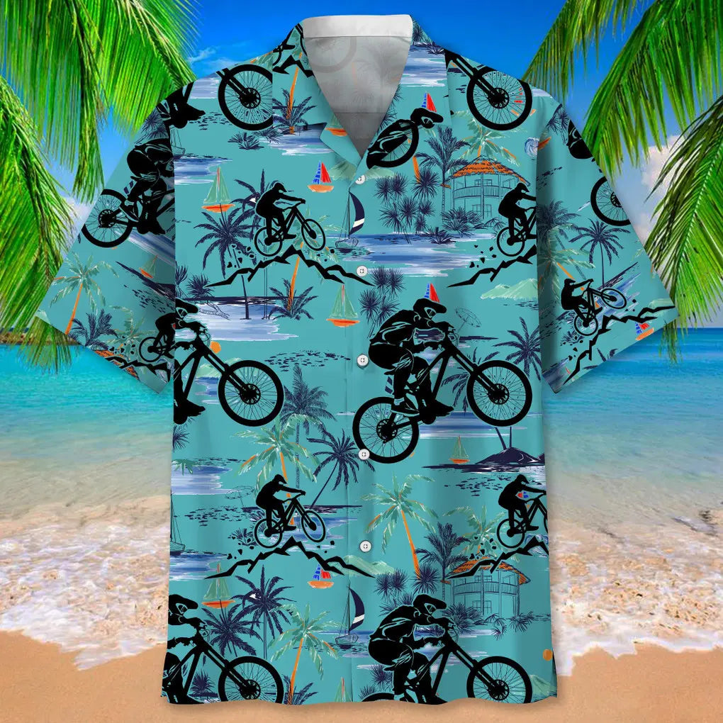 Mountain Bike Beach Hawaiian Shirt For Resort Trips, Coastal Parties, And Warm Weather Style