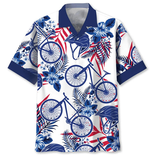 Mountain Bike Blue Hibiscus Hawaiian Shirt For Resort Trips, Coastal Parties, And Warm Weather Style