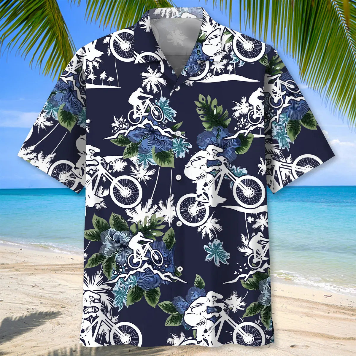 Mountain Bike Blue Nature Hawaiian Shirt For Seasonal Celebration, Island Getaway, And Weekend Wear