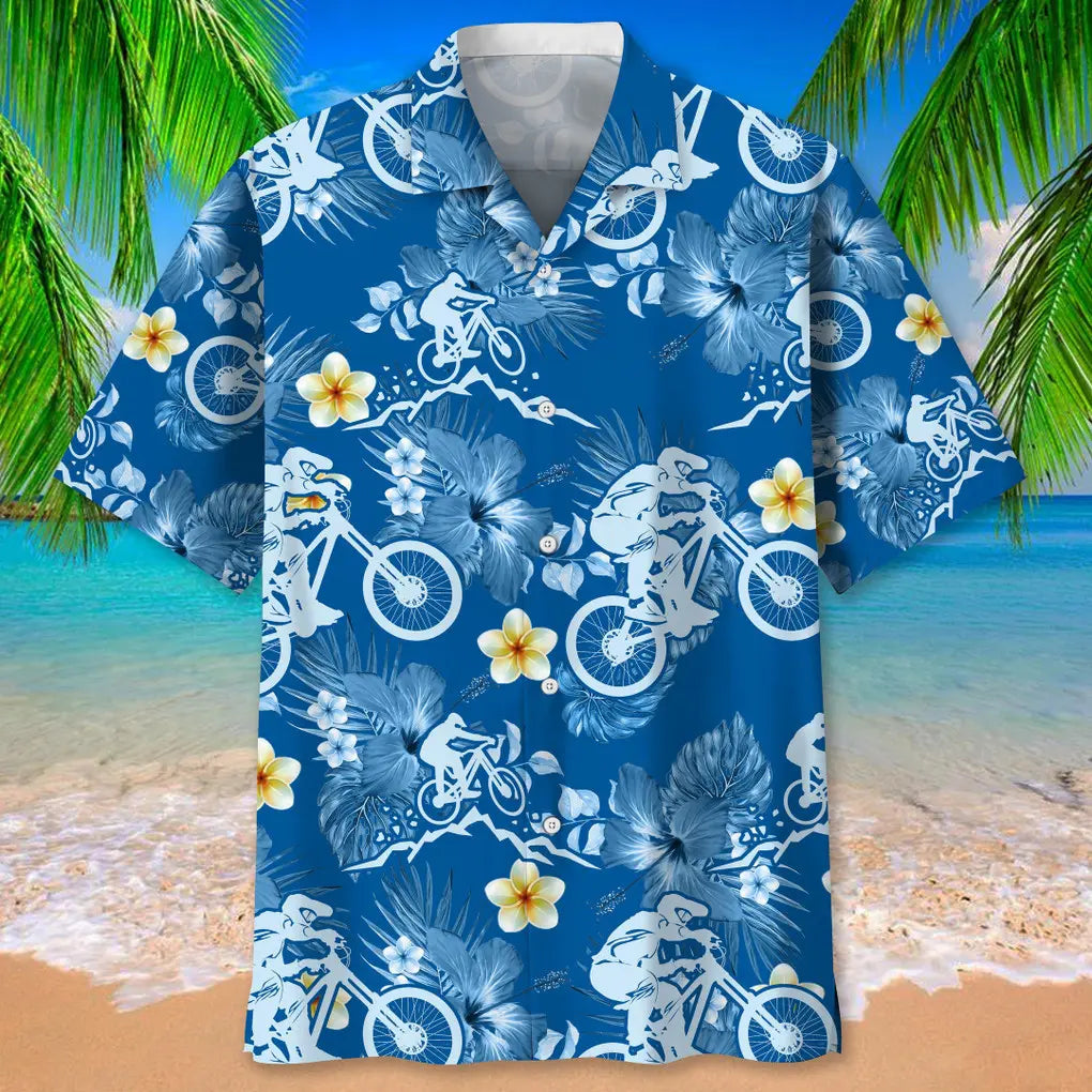Mountain Bike Blue Nature Hawaiian Shirt For Resort Trips, Coastal Parties, And Warm Weather Style