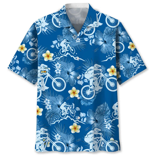 Mountain Bike Blue Nature Hawaiian Shirt For Resort Trips, Coastal Parties, And Warm Weather Style