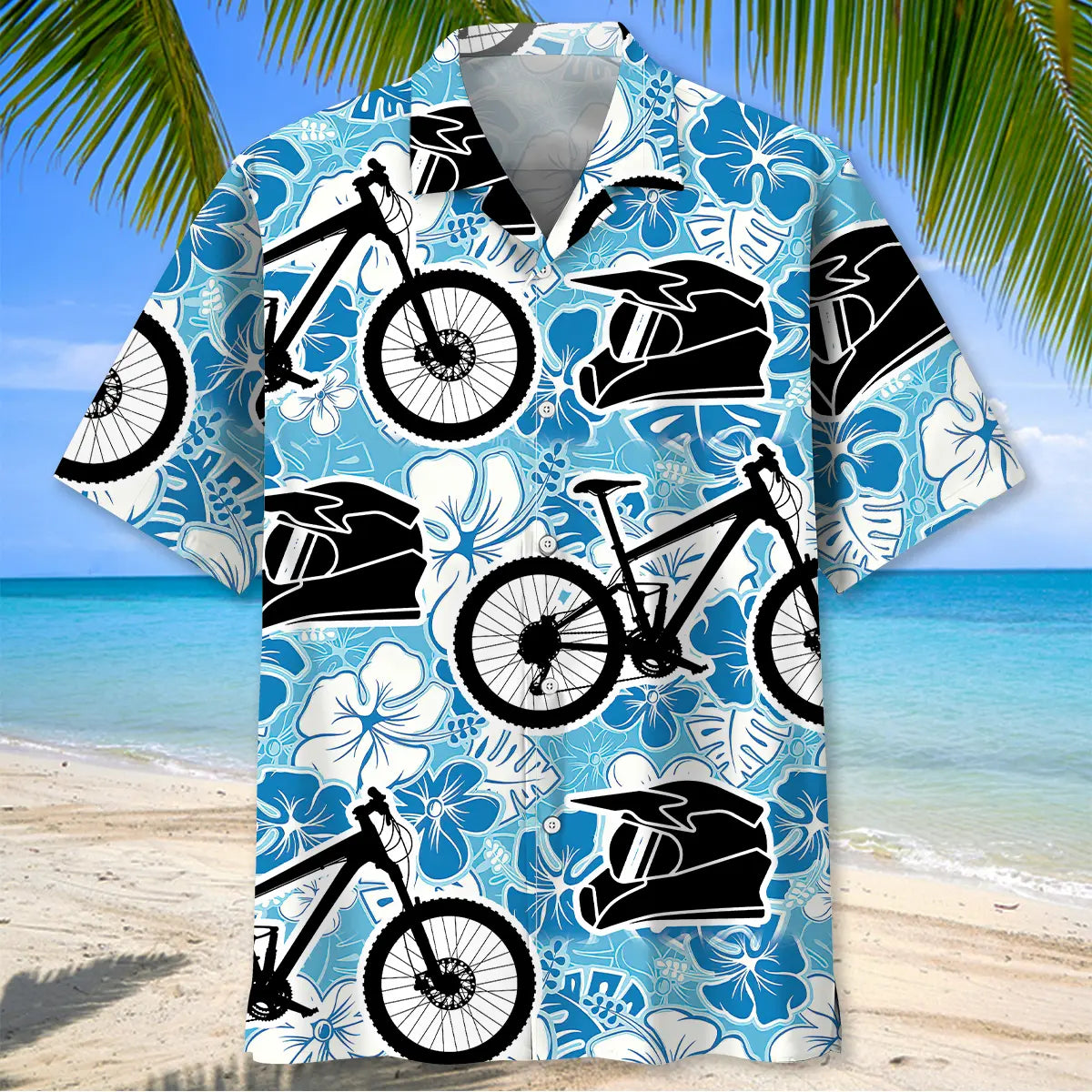Mountain Bike Blue White Hibiscus Hawaiian Shirt For Tropical Holidays, Outdoor Gatherings, And Everyday Comfort