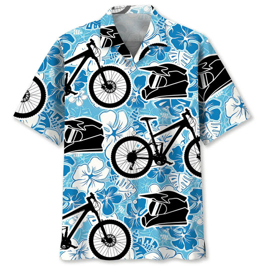 Mountain Bike Blue White Hibiscus Hawaiian Shirt For Tropical Holidays, Outdoor Gatherings, And Everyday Comfort