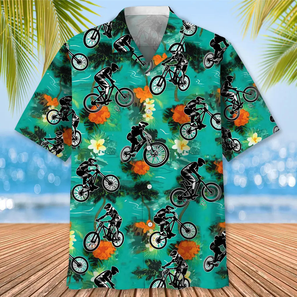 Tropical Mountain Bike Green Hawaiian Shirt For Tropical Holidays, Resort Trips, And Relaxed Coastal Style