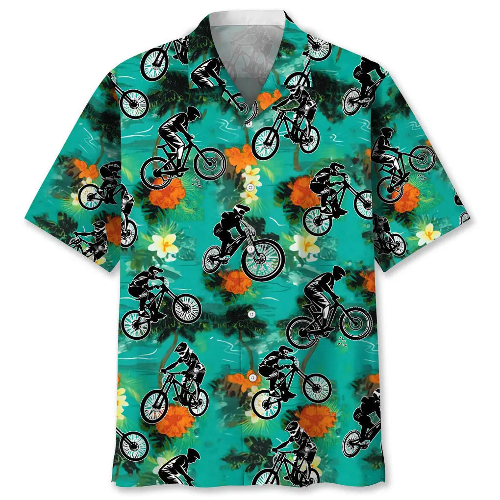 Tropical Mountain Bike Green Hawaiian Shirt For Tropical Holidays, Resort Trips, And Relaxed Coastal Style