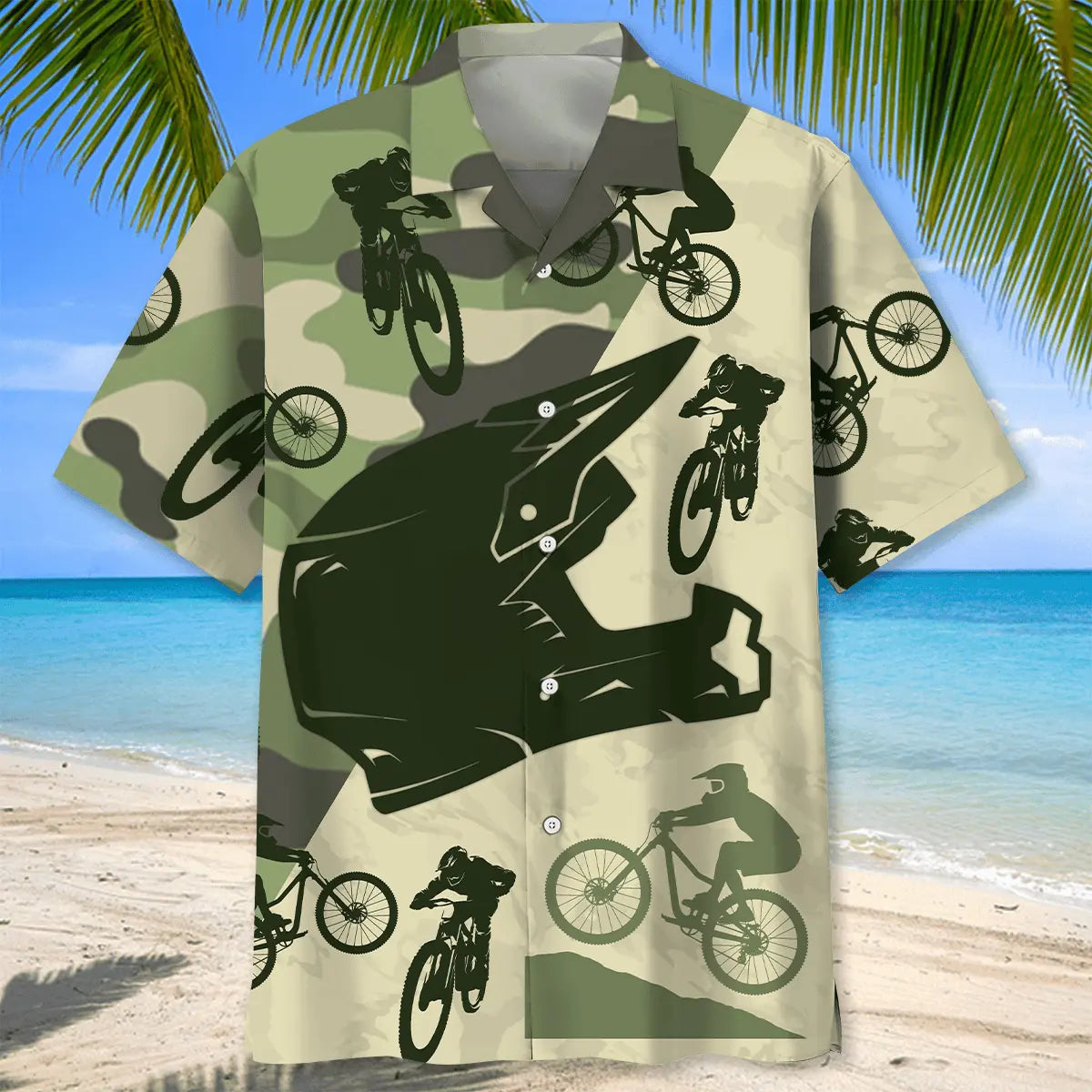 Mountain Bike Helmet Camo Hawaiian Shirt For Casual Weekend, Tropical Holiday, And Memorable Gifting