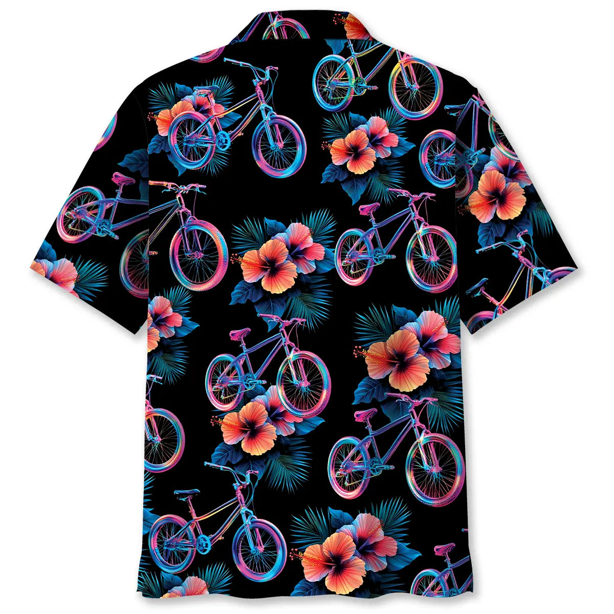 Mountain Bike Hibiscus Hologram Hawaiian Shirt For Summer Vacation, Beach Travel, And Casual Wear
