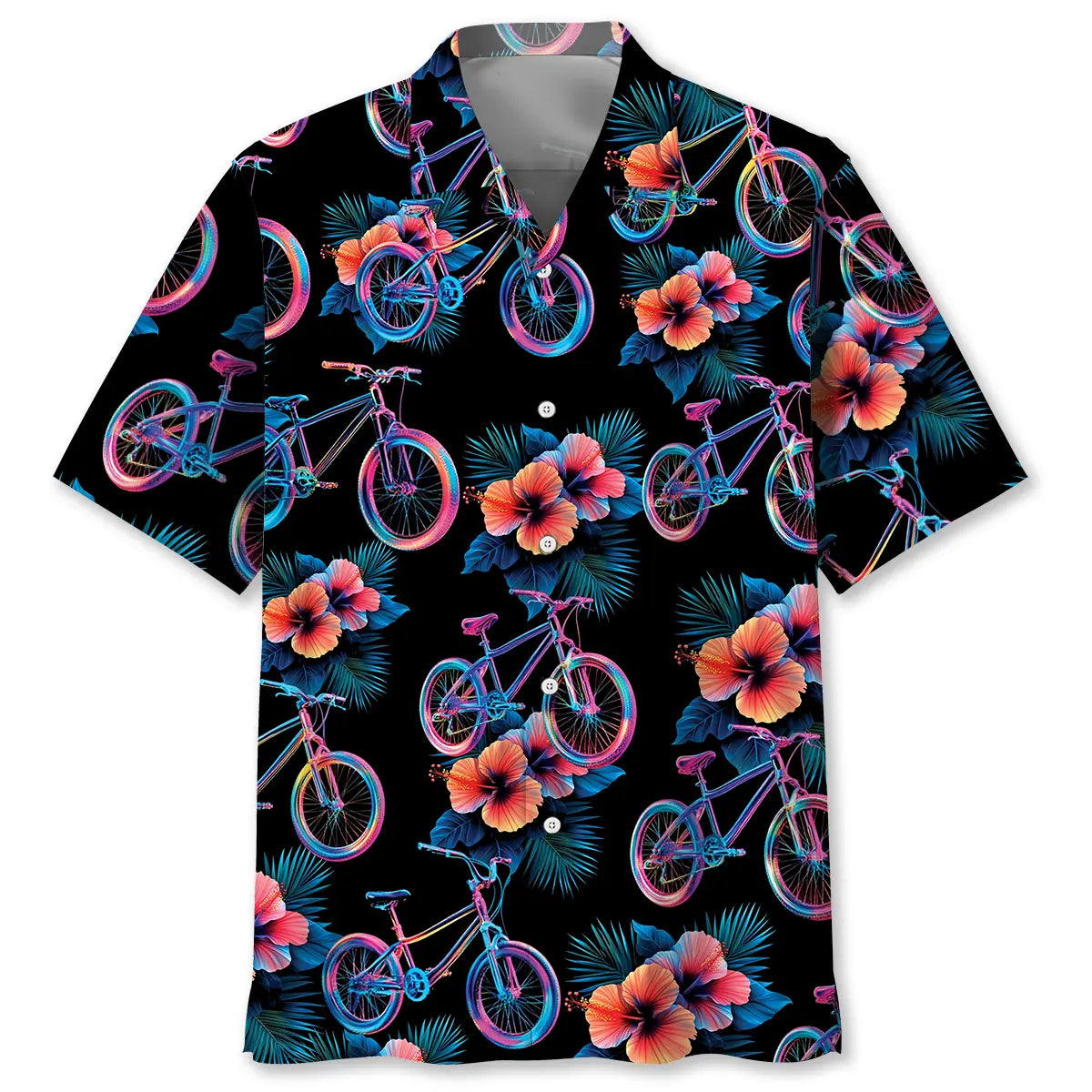 Mountain Bike Hibiscus Hologram Hawaiian Shirt For Summer Vacation, Beach Travel, And Casual Wear