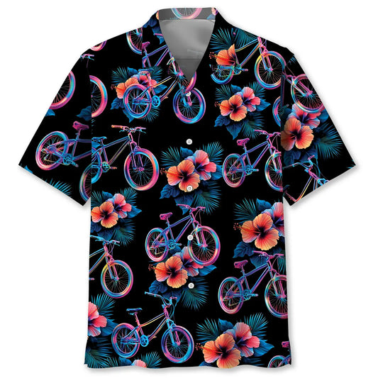 Mountain Bike Hibiscus Hologram Hawaiian Shirt For Summer Vacation, Beach Travel, And Casual Wear