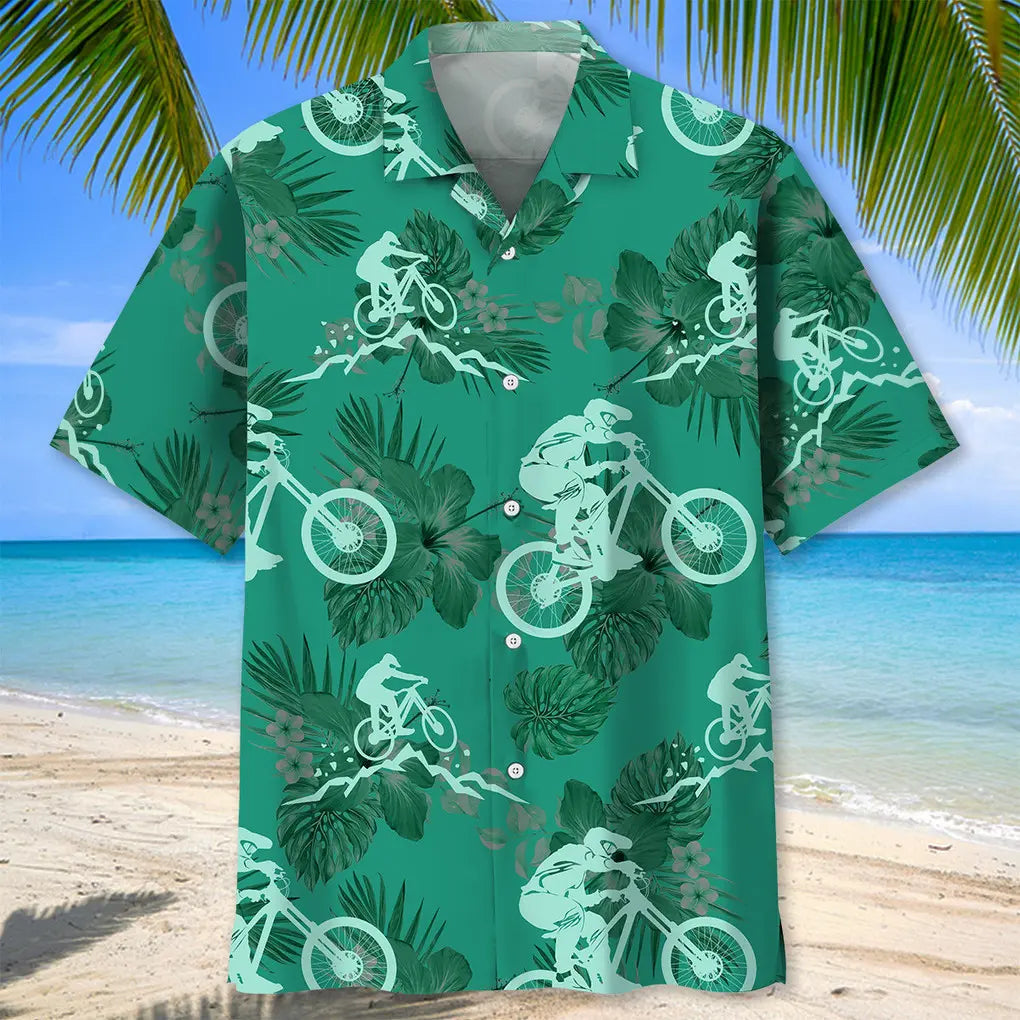 Mountain Bike Kelly Green Hawaiian Shirt For Tropical Holidays, Outdoor Gatherings, And Everyday Comfort