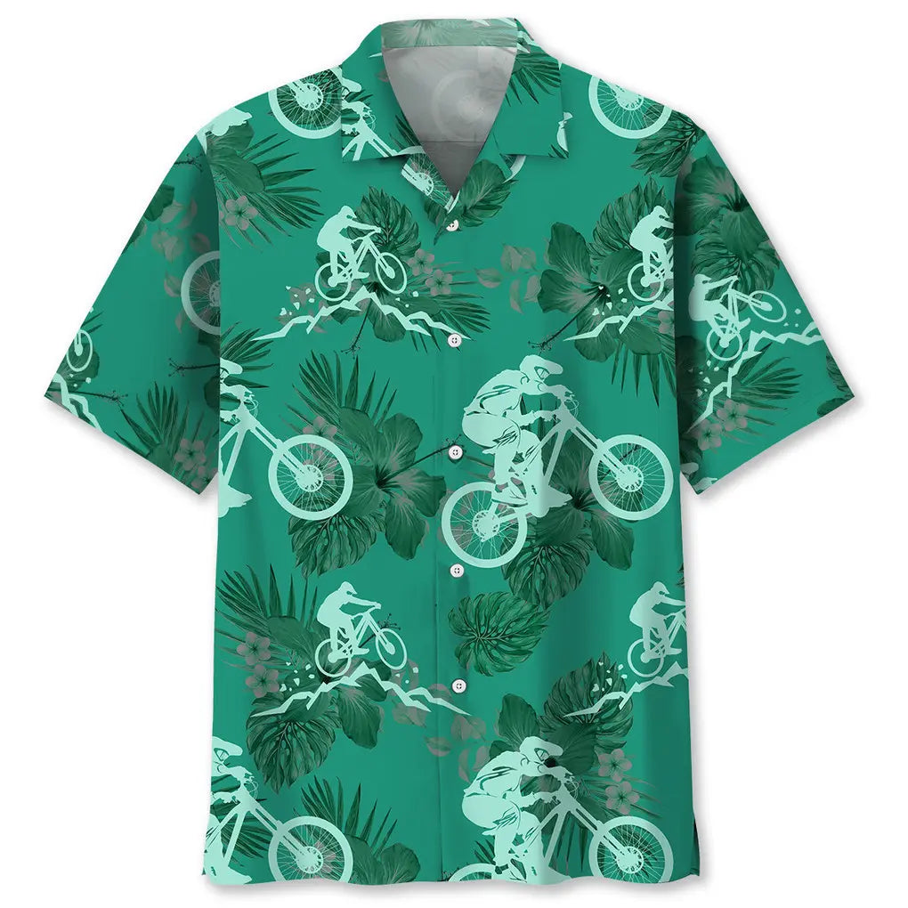 Mountain Bike Kelly Green Hawaiian Shirt For Tropical Holidays, Outdoor Gatherings, And Everyday Comfort