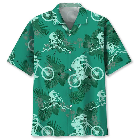Mountain Bike Kelly Green Hawaiian Shirt For Tropical Holidays, Outdoor Gatherings, And Everyday Comfort