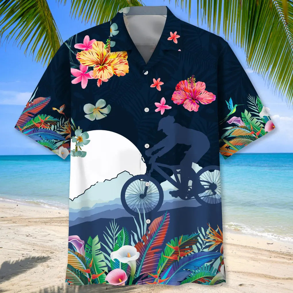 Tropical Mountain Bike Hawaiian Shirt For Summer Vacation, Beach Travel, And Casual Wear