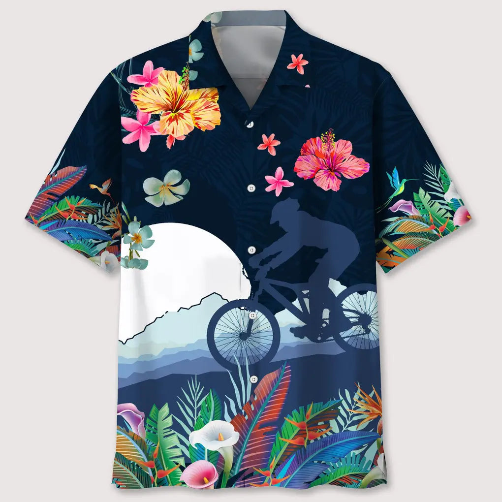 Tropical Mountain Bike Hawaiian Shirt For Summer Vacation, Beach Travel, And Casual Wear
