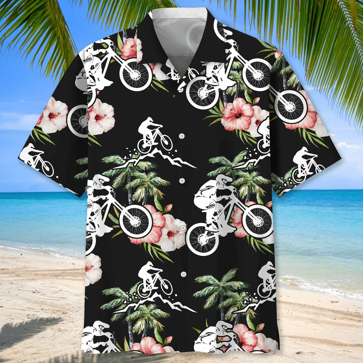 Floral Mountain Bike Nature Hawaiian Shirt For Summer Vacation, Beach Travel, And Casual Wear