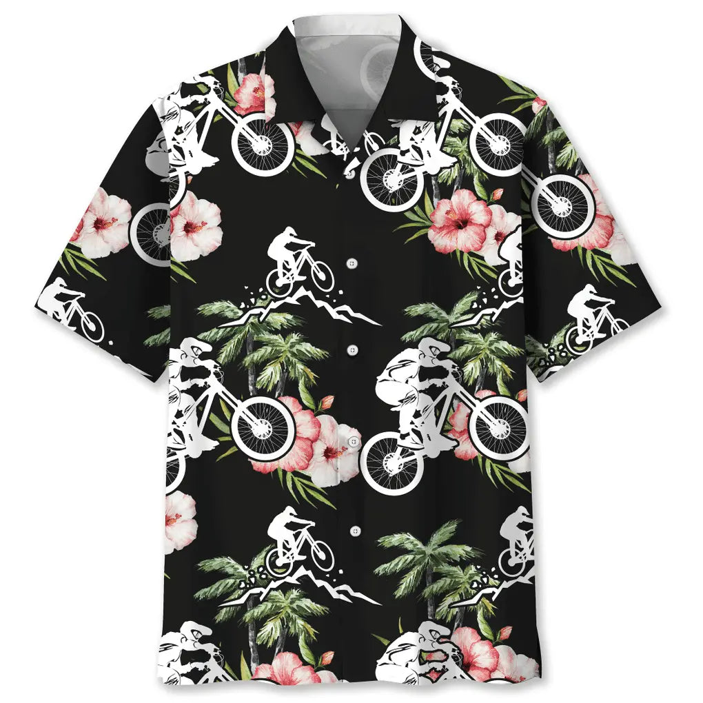 Floral Mountain Bike Nature Hawaiian Shirt For Summer Vacation, Beach Travel, And Casual Wear