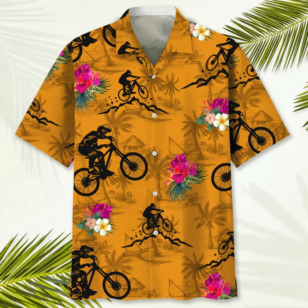 Tropical Mountain Bike Orange Hawaiian Shirt For Summer Vacation, Beach Travel, And Casual Wear