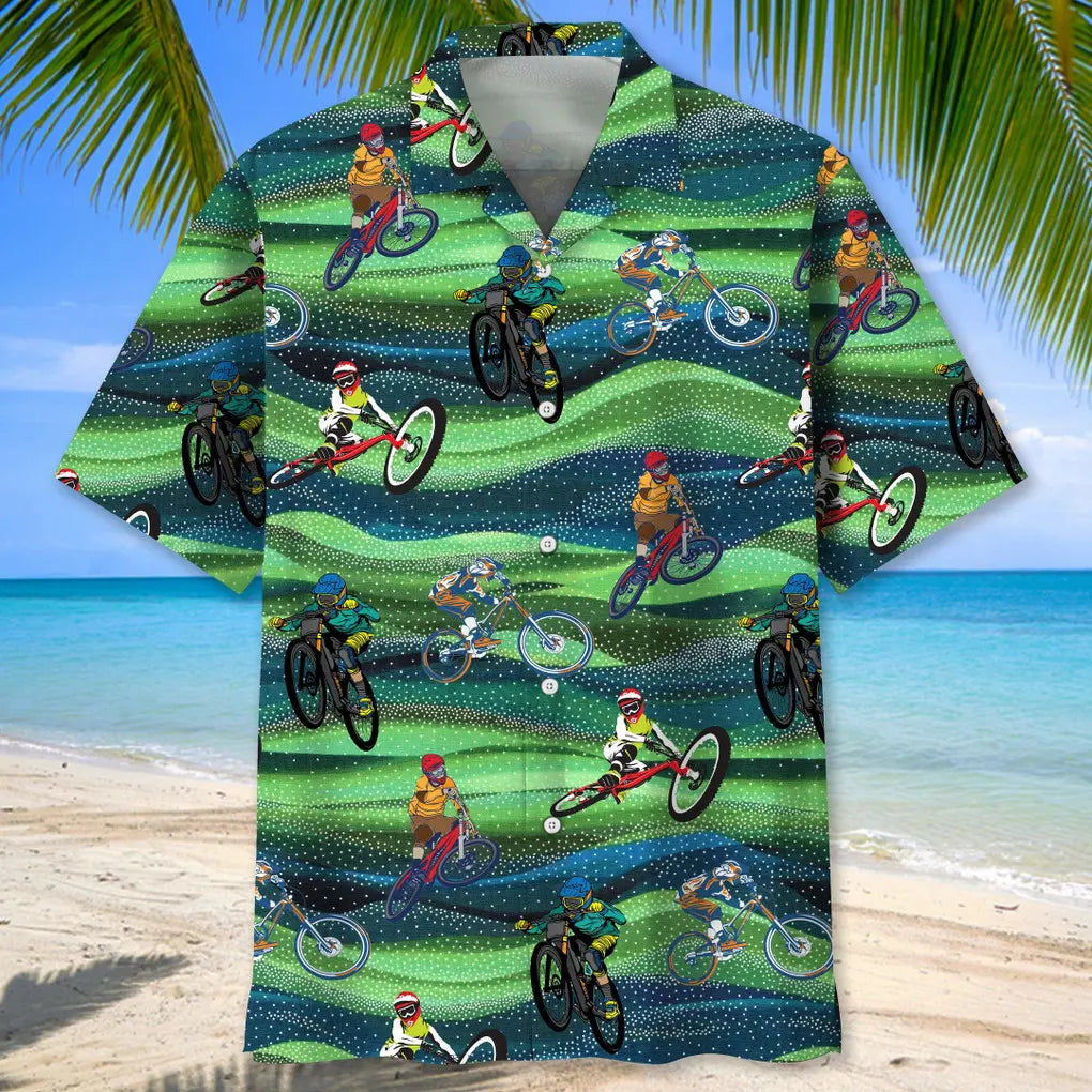 Mountain Bike Seamless Pattern Hawaiian Shirt For Coastal Travel, Casual Events, And Comfortable Summer Wear