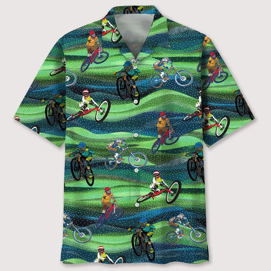 Mountain Bike Seamless Pattern Hawaiian Shirt For Coastal Travel, Casual Events, And Comfortable Summer Wear
