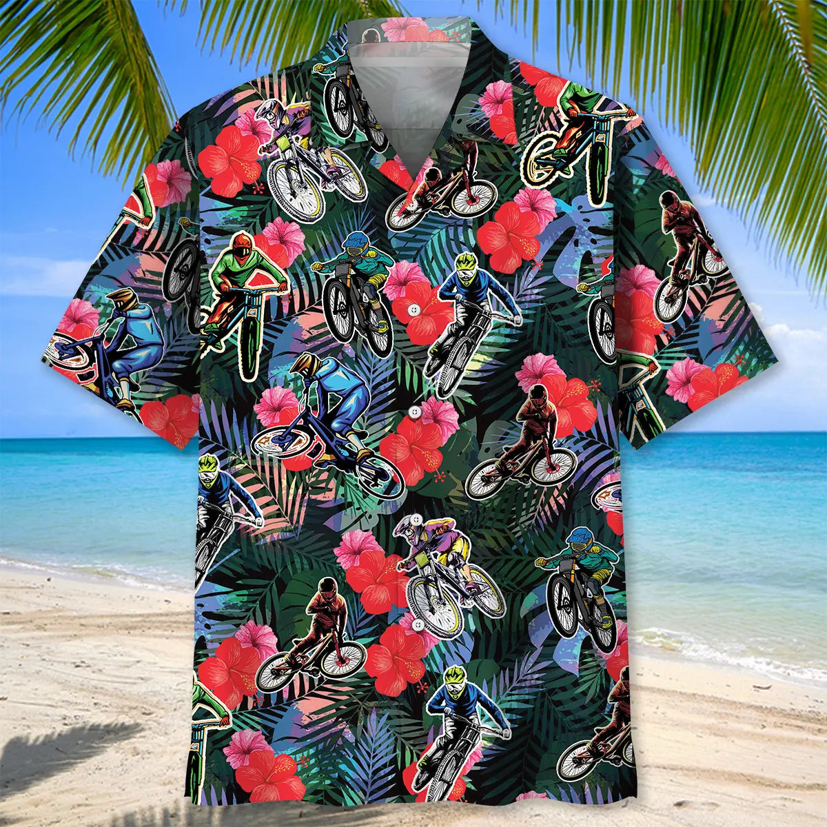 Tropical Mountain Bike Hawaiian Shirt For Island Vacations, Resort Wear, And Relaxed Seasonal Style