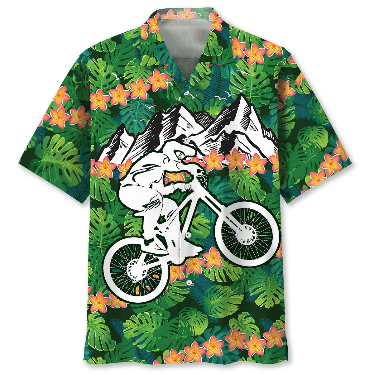 Tropical Mountain Bike Hawaiian Shirt For Coastal Travel, Casual Events, And Comfortable Summer Wear