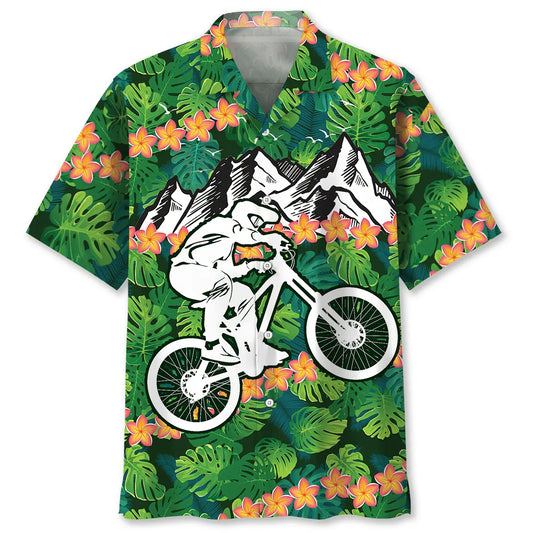 Tropical Mountain Bike Hawaiian Shirt For Coastal Travel, Casual Events, And Comfortable Summer Wear