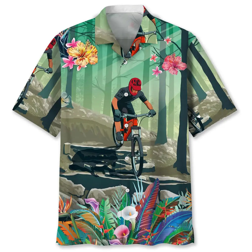 Tropical Mountain Bike Hawaiian Shirt For Island Vacations, Resort Wear, And Relaxed Seasonal Style