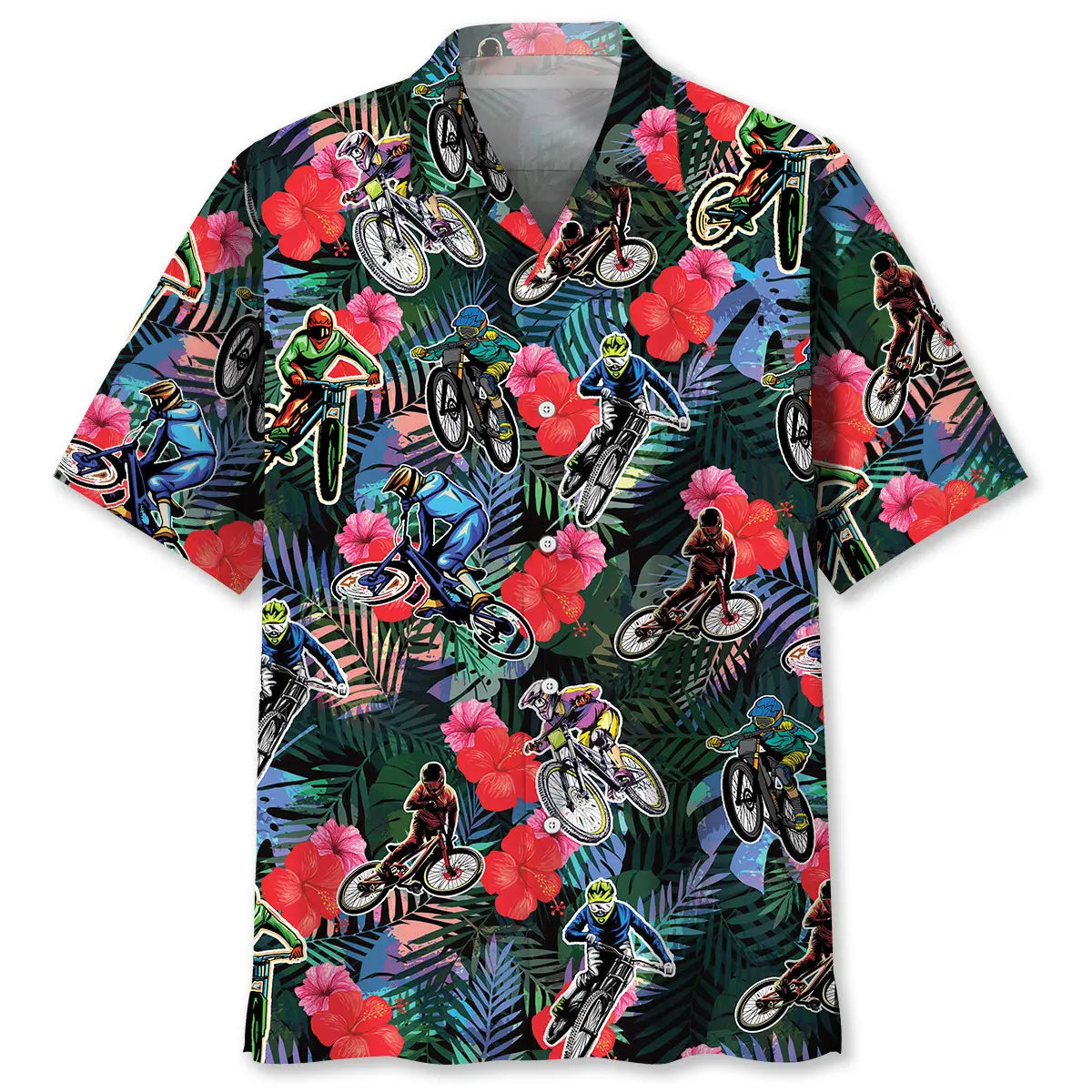 Tropical Mountain Bike Hawaiian Shirt For Island Vacations, Resort Wear, And Relaxed Seasonal Style