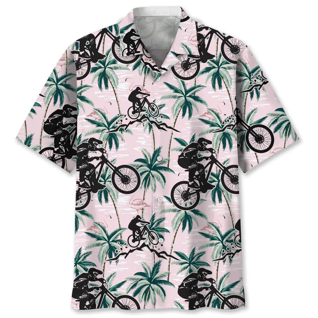Tropical Mountain Bike Pink Hawaiian Shirt For Resort Trips, Coastal Parties, And Warm Weather Style