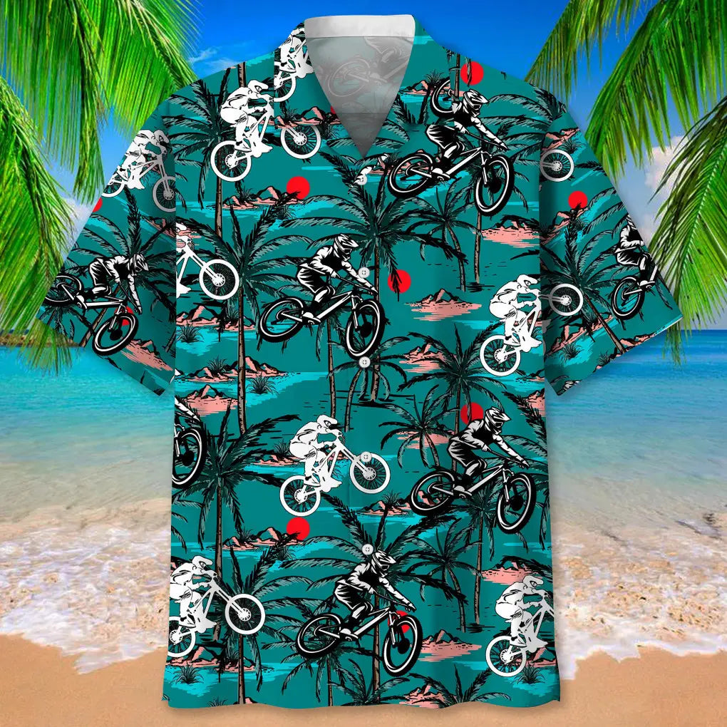 Vintage Mountain Bike Hawaiian Shirt For Coastal Travel, Casual Events, And Comfortable Summer Wear