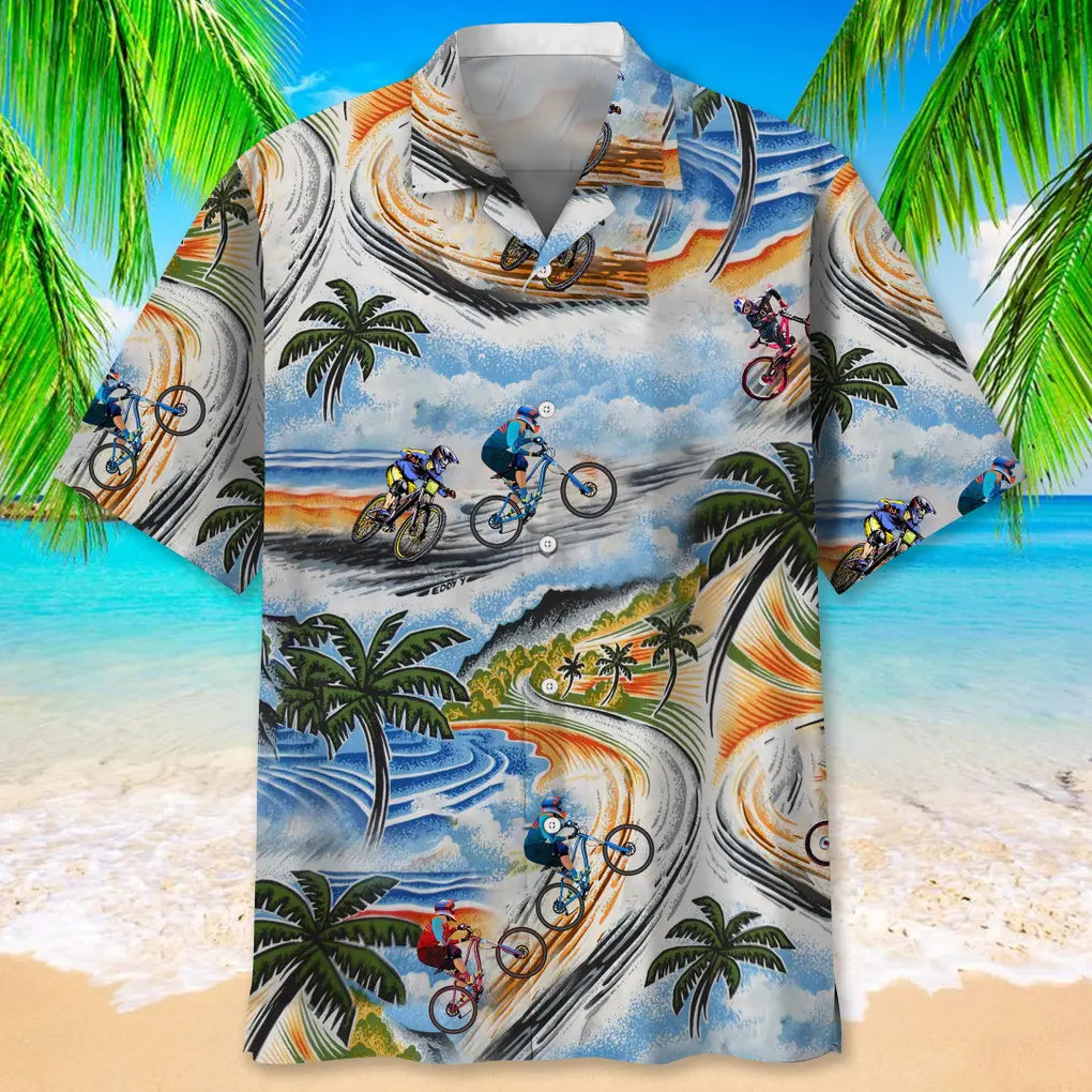 Vintage Mountain Bike Hawaiian Shirt For Summer Vacation, Beach Travel, And Casual Wear
