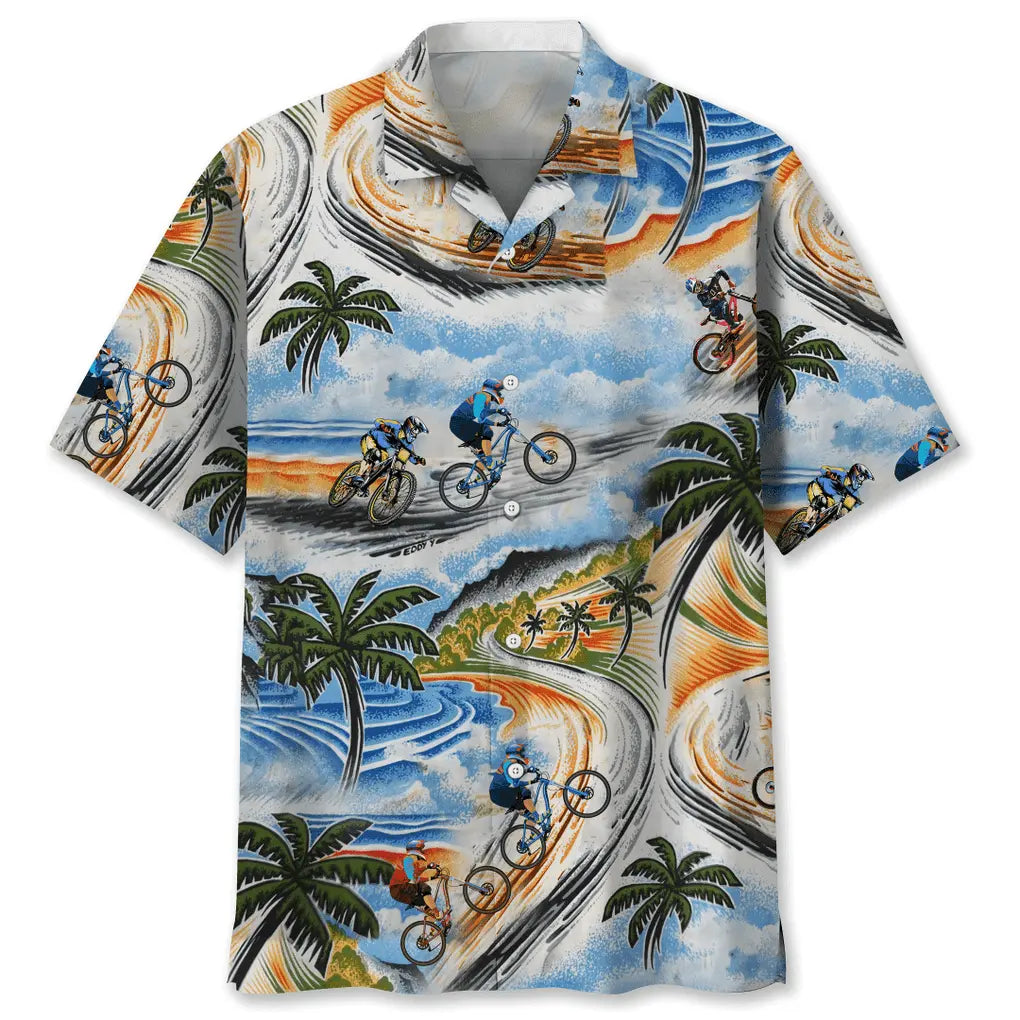 Vintage Mountain Bike Hawaiian Shirt For Summer Vacation, Beach Travel, And Casual Wear