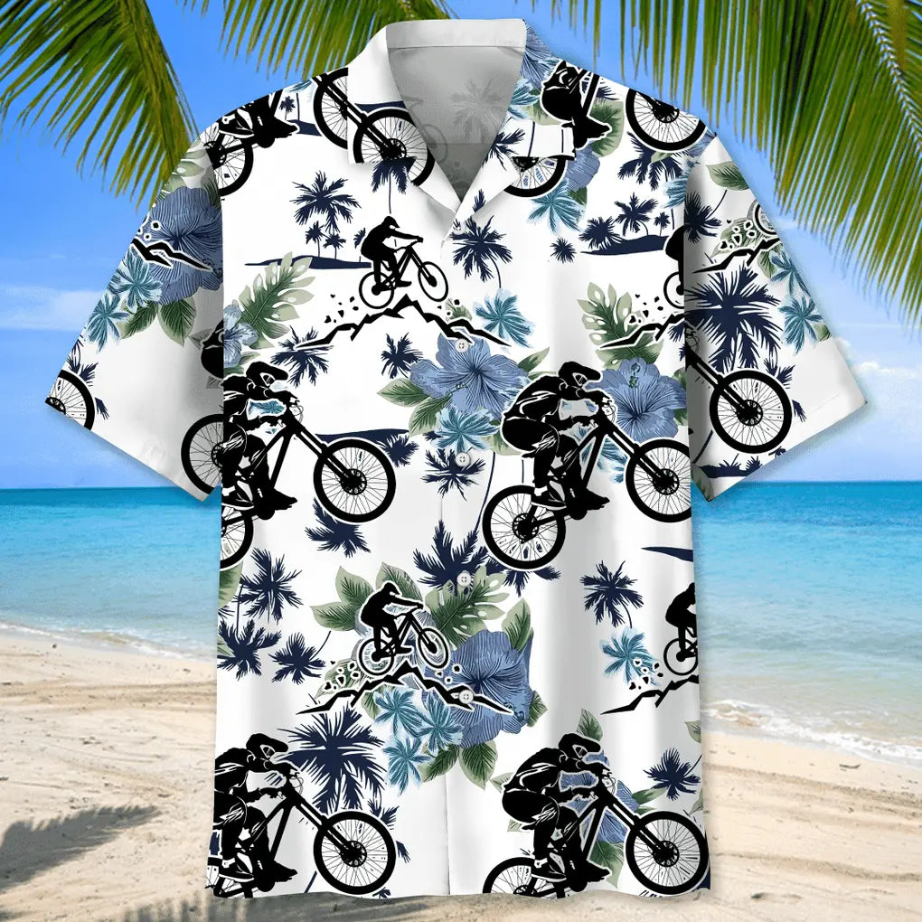 Mountain Bike White Nature Hawaiian Shirt For Tropical Holidays, Outdoor Gatherings, And Everyday Comfort